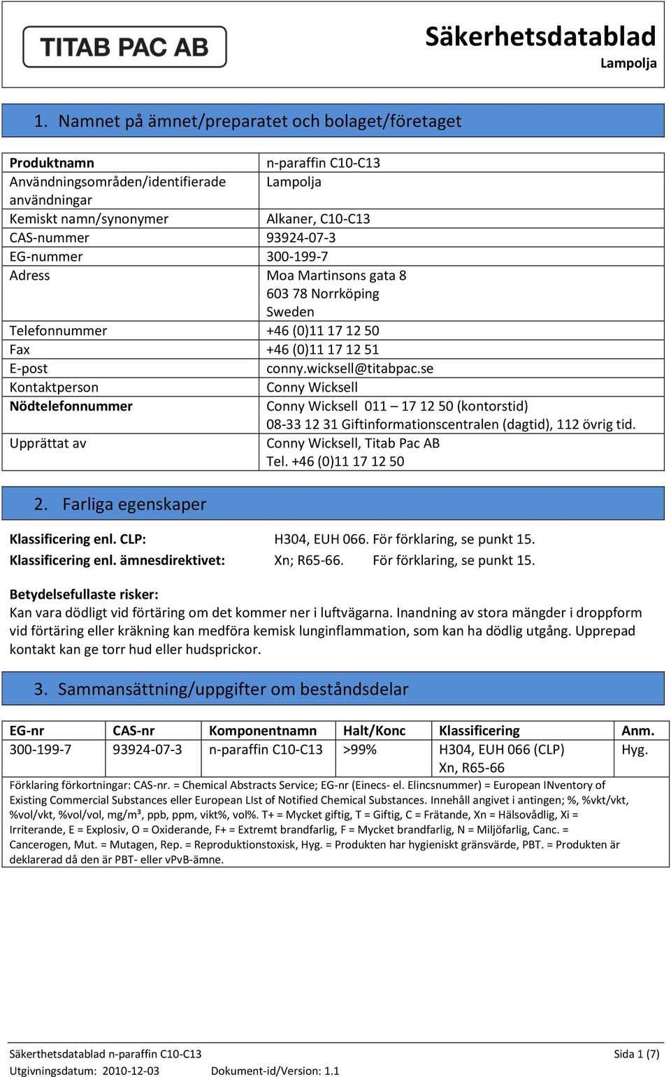 se Kontaktperson Conny Wicksell Nödtelefonnummer Conny Wicksell 011 17 12 50 (kontorstid) 08-33 12 31 Giftinformationscentralen (dagtid), 112 övrig tid. Upprättat av Conny Wicksell, Titab Pac AB Tel.