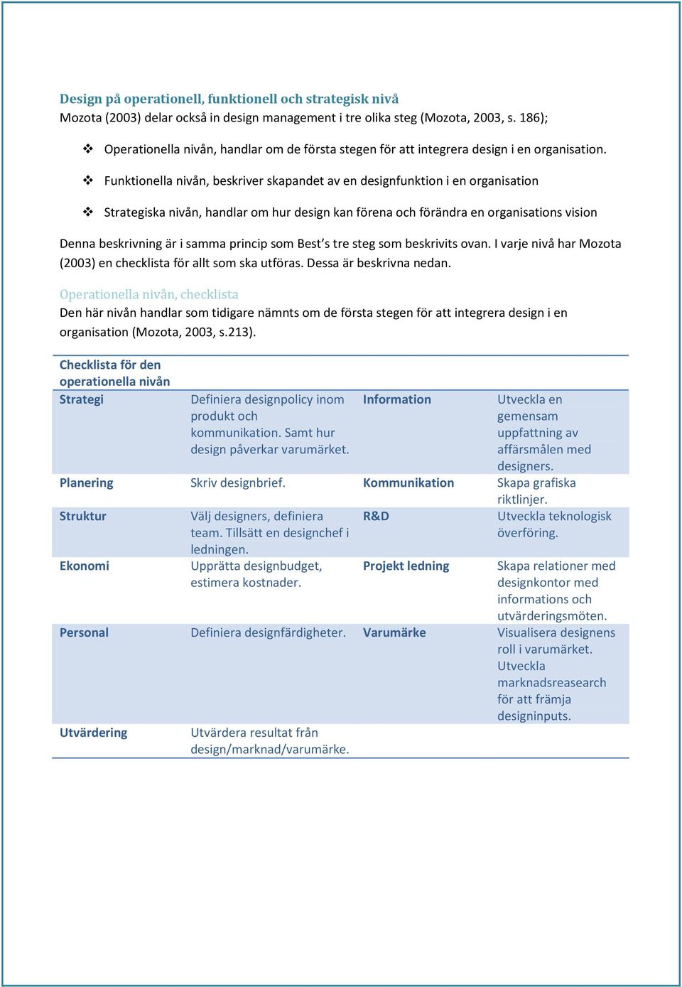 Funktionella nivån, beskriver skapandet av en designfunktion i en organisation Strategiska nivån, handlar om hur design kan förena och förändra en organisations vision Denna beskrivning är i samma