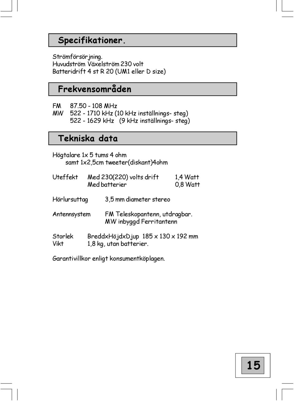 tweeter(diskant)4ohm Uteffekt Med 230(220) volts drift 1,4 Watt Med batterier 0,8 Watt Hörlursuttag Antennsystem 3,5 mm diameter stereo FM
