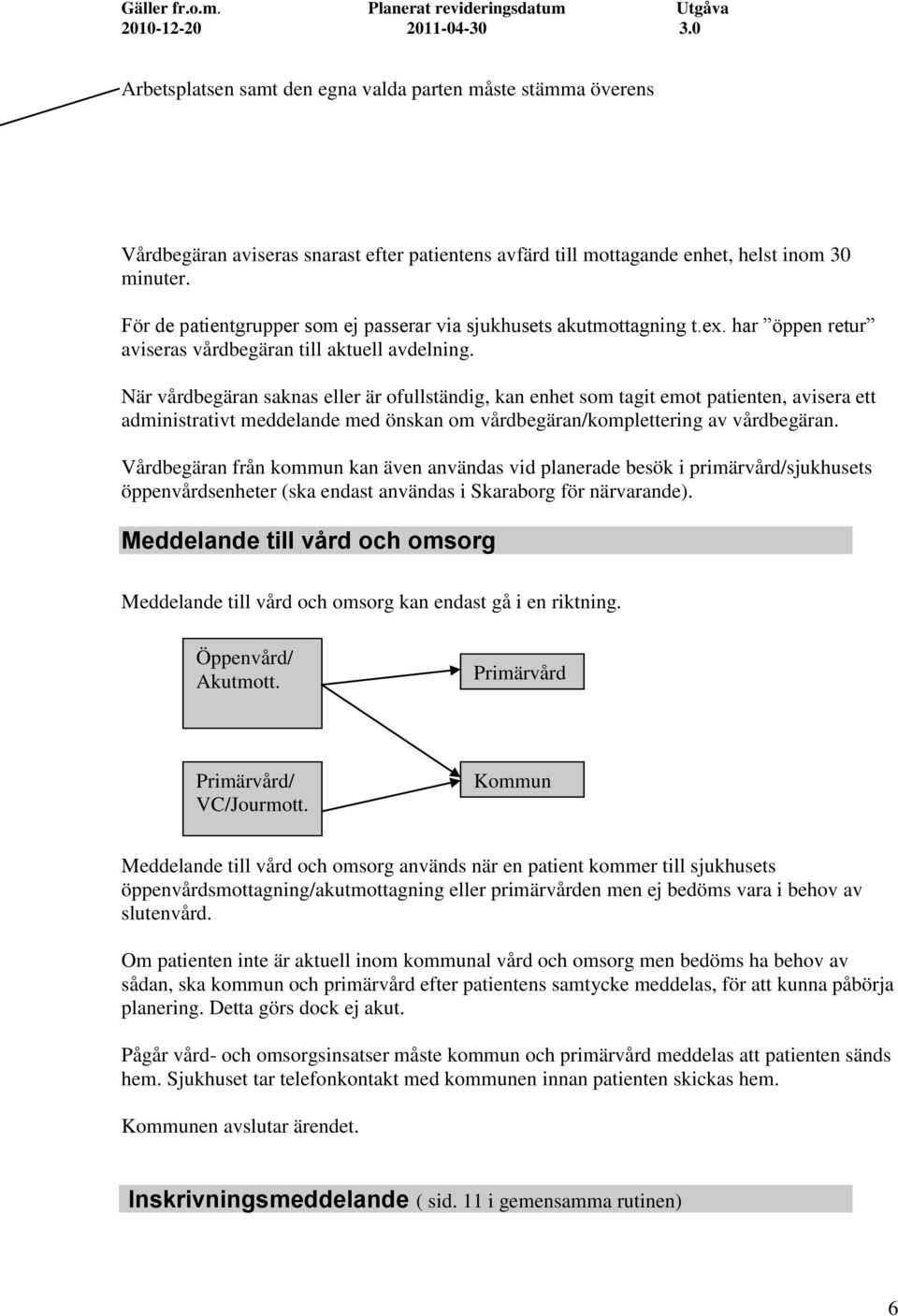 När vårdbegäran saknas eller är ofullständig, kan enhet som tagit emot patienten, avisera ett administrativt meddelande med önskan om vårdbegäran/komplettering av vårdbegäran.