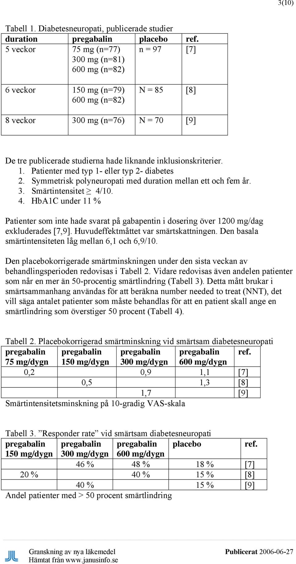 inklusionskriterier. 1. Patienter med typ 1- eller typ 2- diabetes 2. Symmetrisk polyneuropati med duration mellan ett och fem år. 3. Smärtintensitet 4/