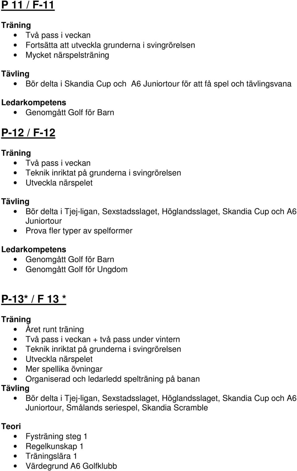 Golf för Ungdom P-13* / F 13 * Året runt träning Två pass i veckan + två pass under vintern Teknik inriktat på grunderna i svingrörelsen Utveckla närspelet Mer spellika övningar Organiserad och