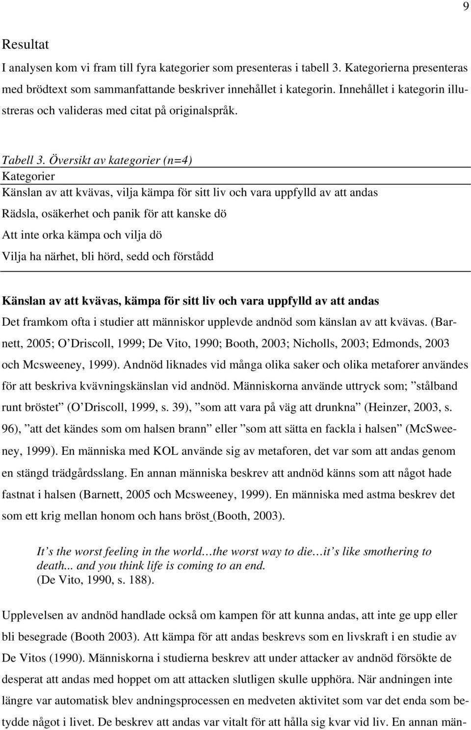 Översikt av kategorier (n=4) Kategorier Känslan av att kvävas, vilja kämpa för sitt liv och vara uppfylld av att andas Rädsla, osäkerhet och panik för att kanske dö Att inte orka kämpa och vilja dö