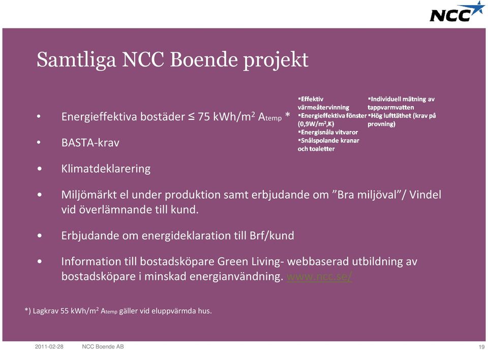 Erbjudande om energideklaration till Brf/kund Information till bostadsköpare Green Living-webbaserad utbildning