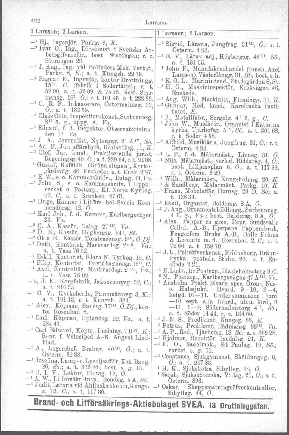 Axel Parkg. 8, K.; a. t. Kungsh. 2219. Larsson). Västerlångg. 31, Sir; bost. s. h. ' Ragnar K, Ingenjör, kontor Drottningg. " K. O. L., l\farinintend., Stadsg!1rden 8,Bö. 151\', C.