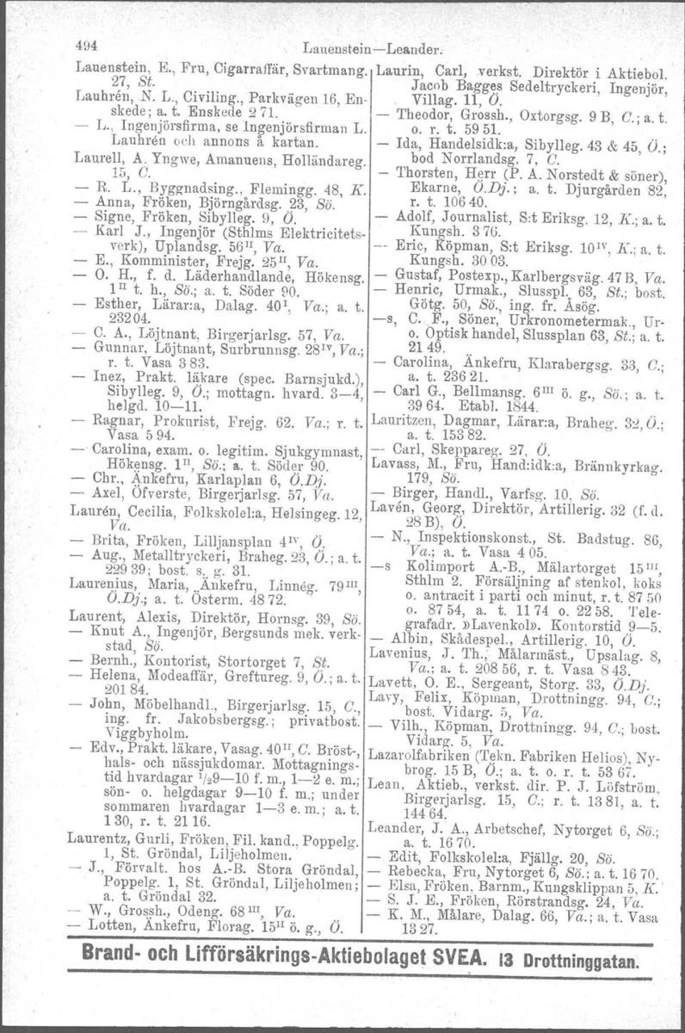 Ida, Handelsidk:a, Sibylleg. 43 & 45, O.; Laurell, A. Yngwe, Amanuens, Holländareg. bod Norrlandsg. 7, C. 1') CThorsten, Herr (P. A. Norstedt & söner), R. ~L.,Byggnadsing., Flemingg. 48, K. Ekarne, O.