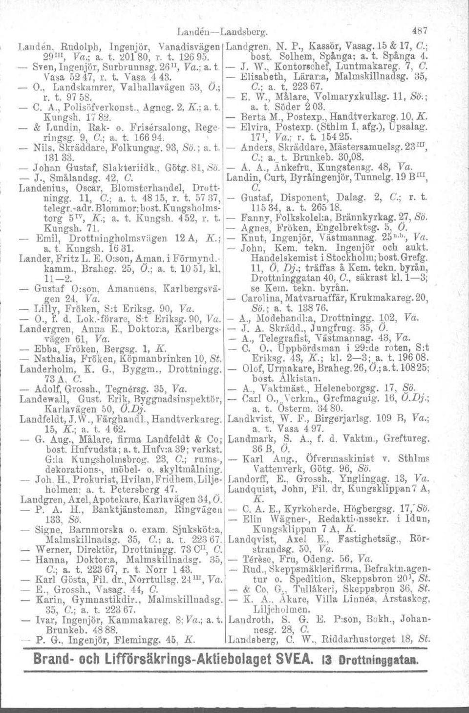 r. t. 9758. E. W., Målare, Volmaryxkullsg. 11, ss., C. A., Polisöfverkonst., Agncg. 2, K.; a. t. a. t. Söder 203. Kungsh. 1782. Berta M., Postexp., Handtverkareg. 10, K. & Lundin, Rak o.