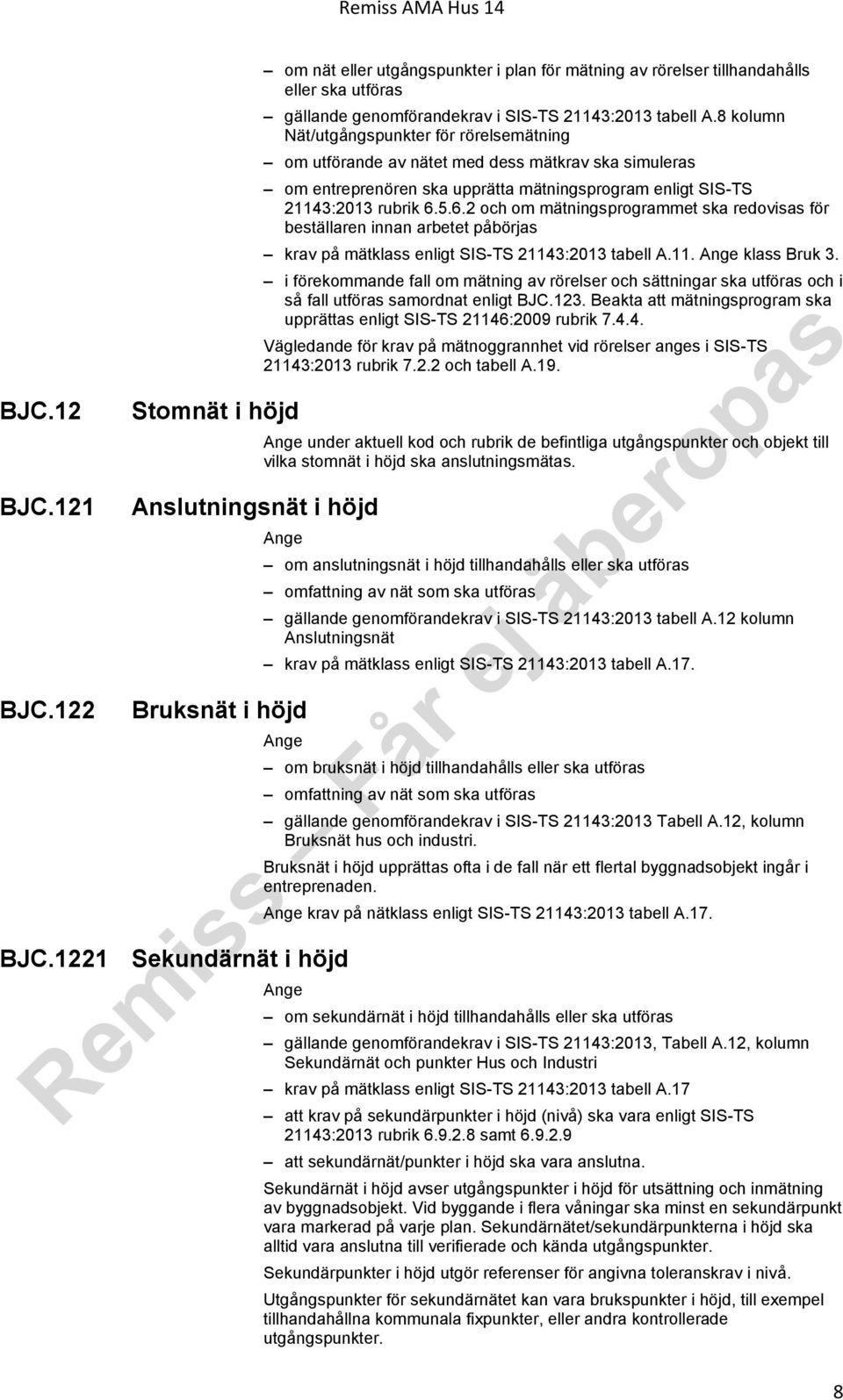 8 kolumn Nät/utgångspunkter för rörelsemätning om utförande av nätet med dess mätkrav ska simuleras om entreprenören ska upprätta mätningsprogram enligt SIS-TS 21143:2013 rubrik 6.