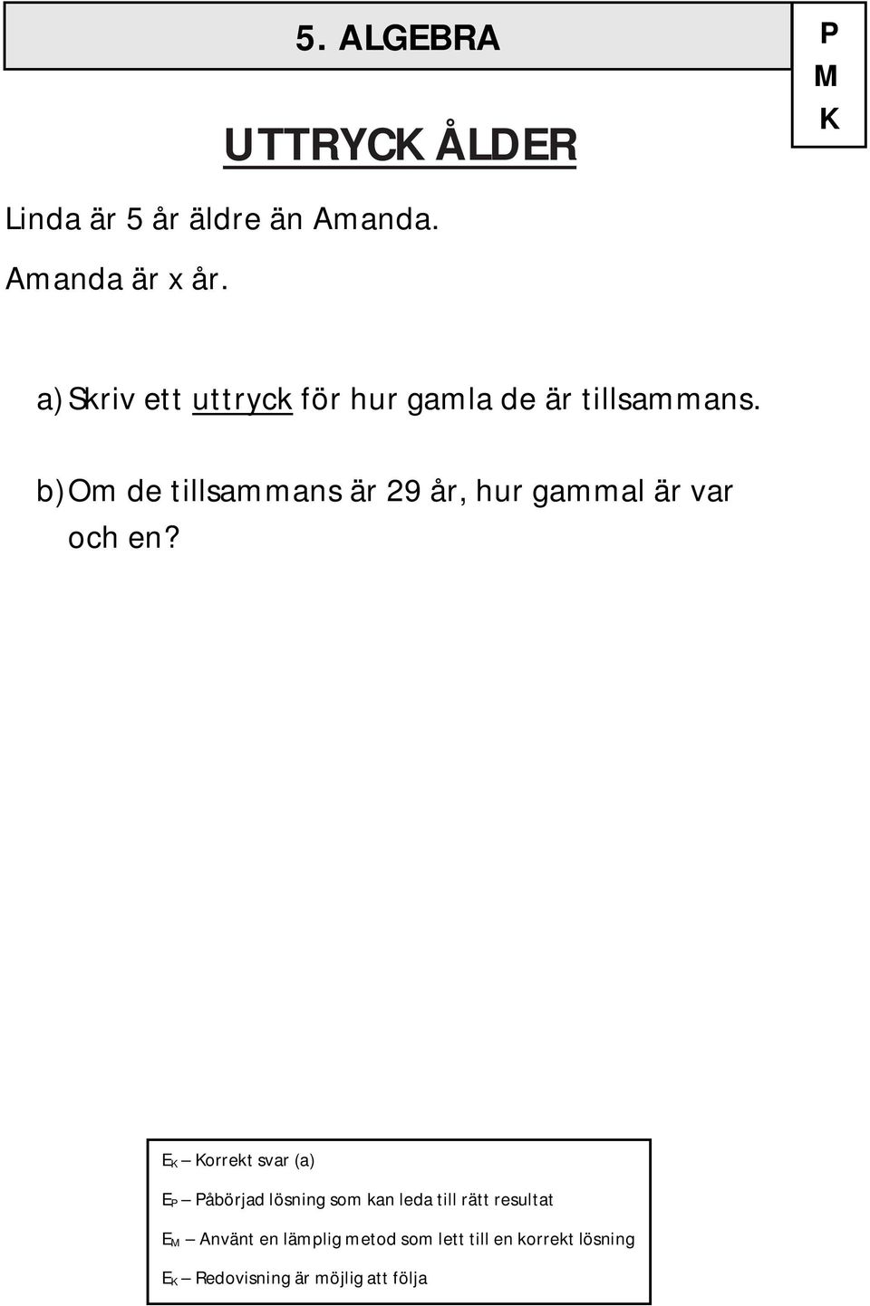 ALGEBRA P M a) Skriv ett uttryck för hur gamla de är tillsammans.