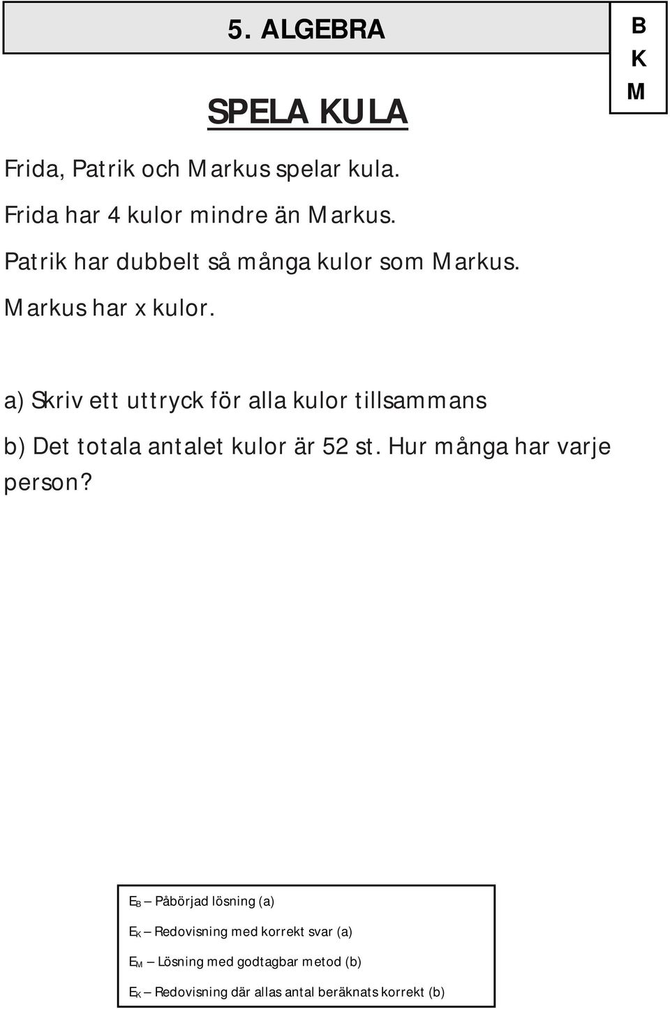 ALGEBRA B M a) Skriv ett uttryck för alla kulor tillsammans b) Det totala antalet kulor är 52 st.