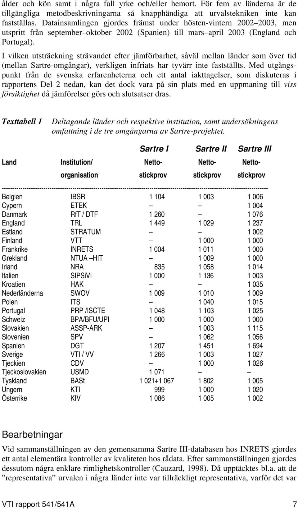 I vilken utsträckning strävandet efter jämförbarhet, såväl mellan länder som över tid (mellan Sartre-omgångar), verkligen infriats har tyvärr inte fastställts.