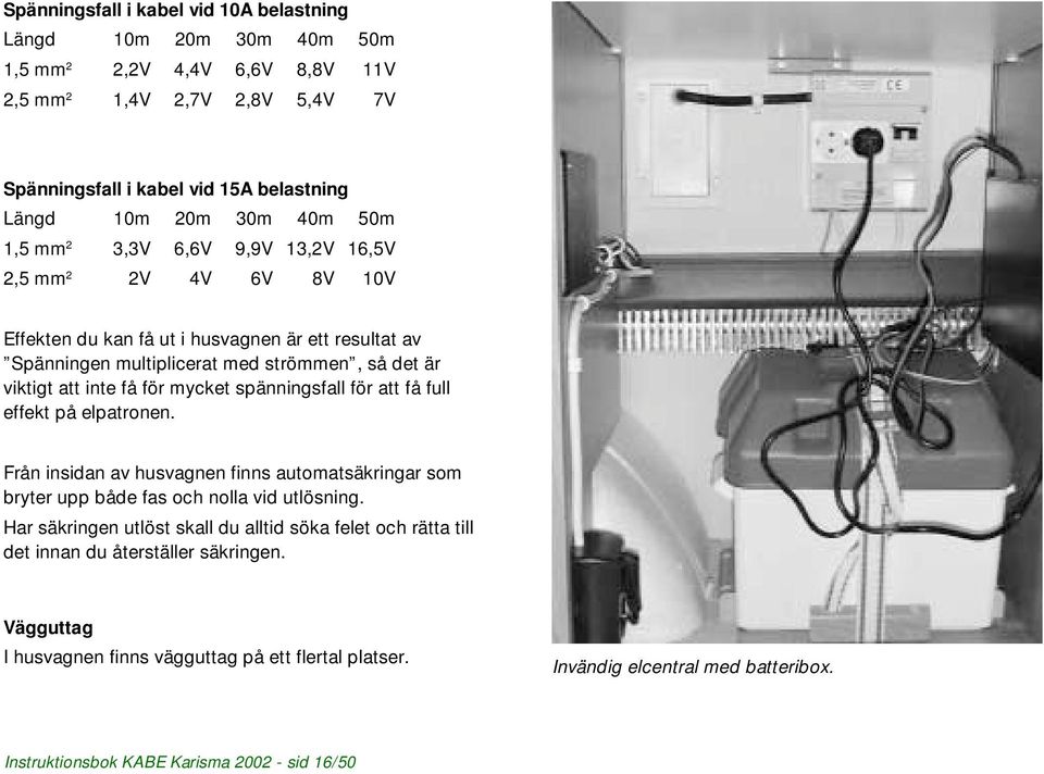 mycket spänningsfall för att få full effekt på elpatronen. Från insidan av husvagnen finns automatsäkringar som bryter upp både fas och nolla vid utlösning.