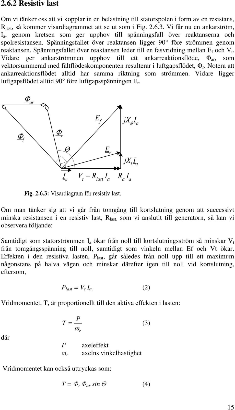 Spänningsfallet över reaktansen leder till en fasvridning mellan E f och V t.
