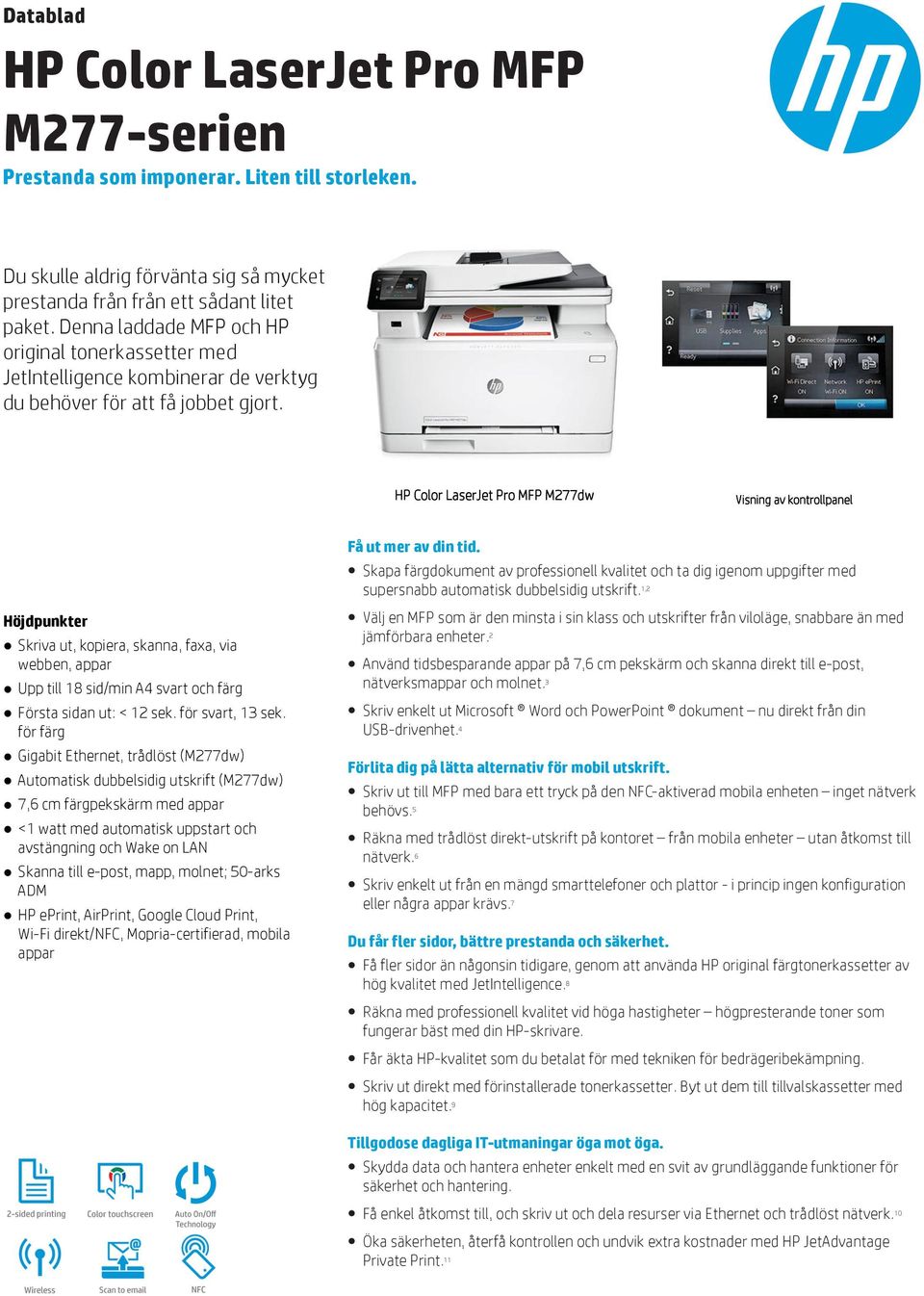 HP Color LaserJet Pro MFP M277dw Visning av kontrollpanel Höjdpunkter Skriva ut, kopiera, skanna, faxa, via webben, appar Upp till 18 sid/min A4 svart och färg Första sidan ut: < 12 sek.