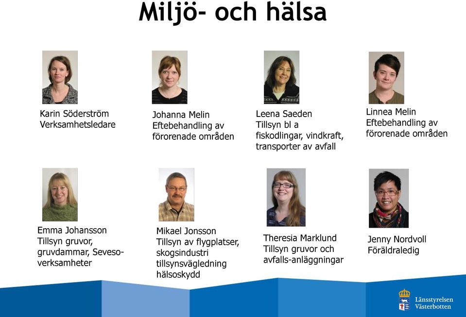 områden Emma Johansson Tillsyn gruvor, gruvdammar, Sevesoverksamheter Mikael Jonsson Tillsyn av flygplatser,