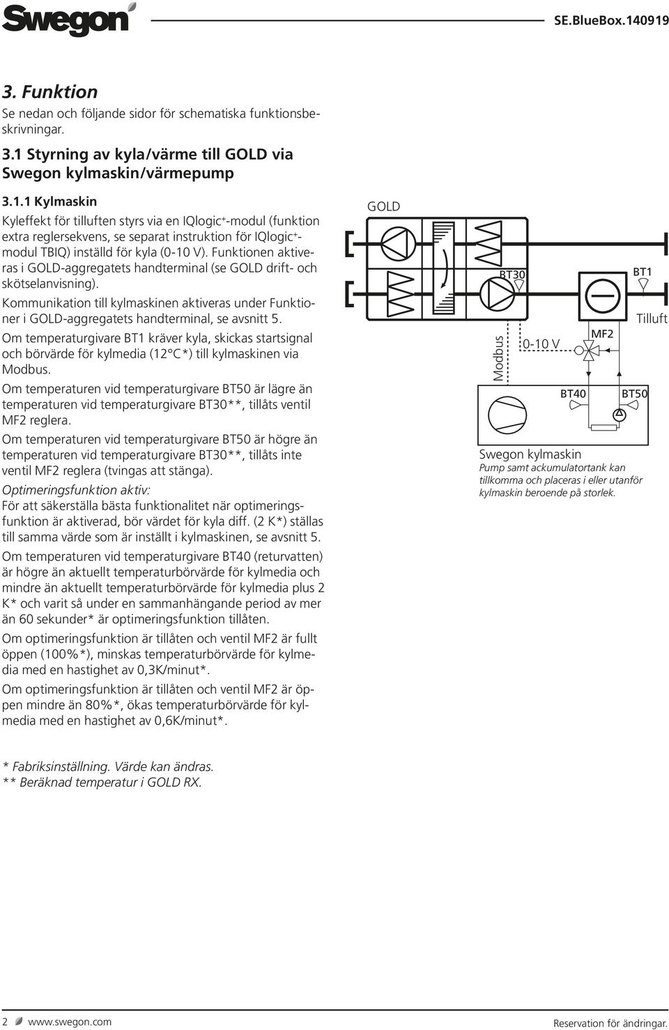 1 Kylmaskin Kyleffekt för tilluften styrs via en IQlogic + -modul (funktion extra reglersekvens, se separat instruktion för IQlogic + - modul TBIQ) inställd för kyla ().