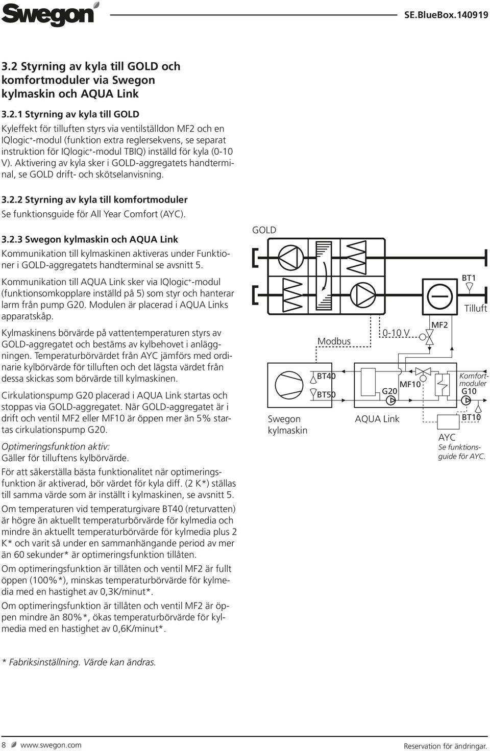 2 Styrning av kyla till komfortmoduler Se funktionsguide för All Year Comfort (AYC). 3.2.3 Swegon kylmaskin och AQUA Link Kommunikation till kylmaskinen aktiveras under Funktioner i -aggregatets handterminal se avsnitt 5.