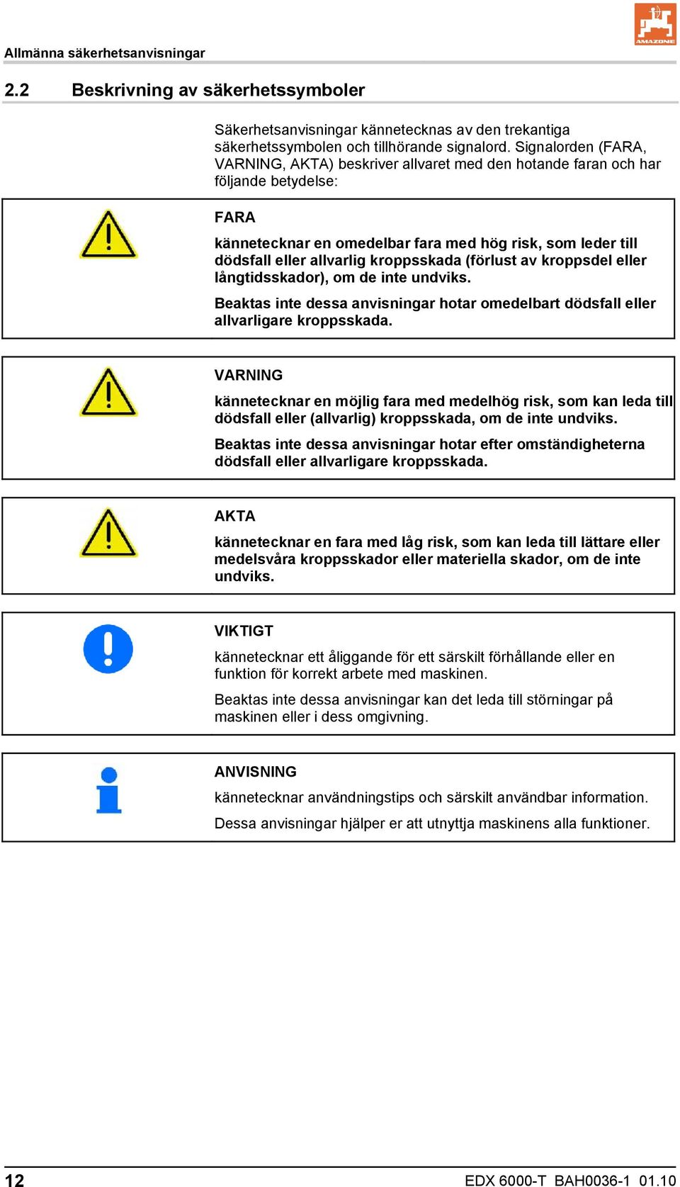 kroppsskada (förlust av kroppsdel eller långtidsskador), om de inte undviks. Beaktas inte dessa anvisningar hotar omedelbart dödsfall eller allvarligare kroppsskada.