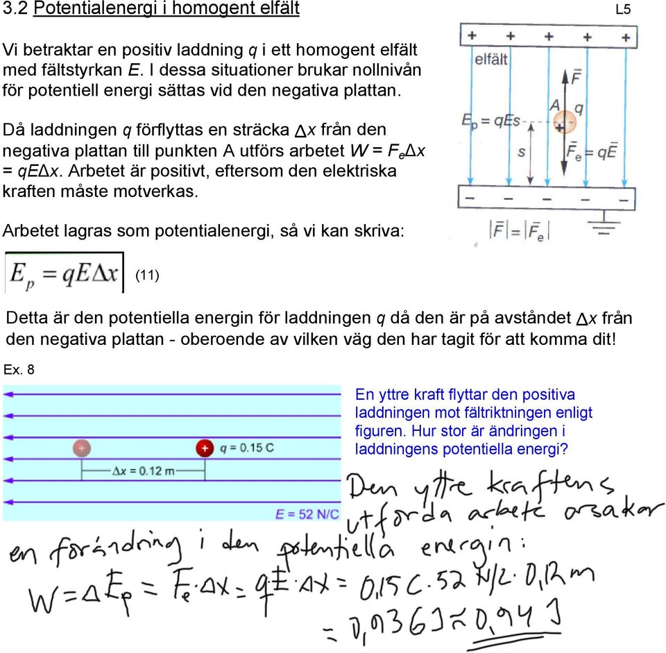 Då laddningen q förflyttas en sträcka Δx från den negativa plattan till punkten A utförs arbetet W = F e Δx = qeδx. Arbetet är positivt, eftersom den elektriska kraften måste motverkas.