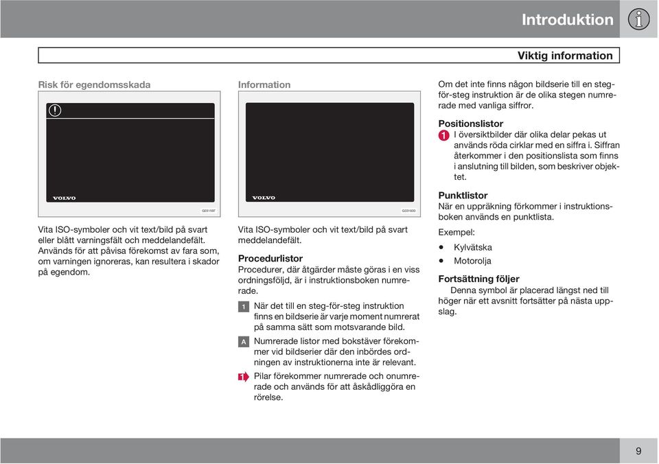 G031597 Vita ISO-symboler och vit text/bild på svart eller blått varningsfält och meddelandefält.