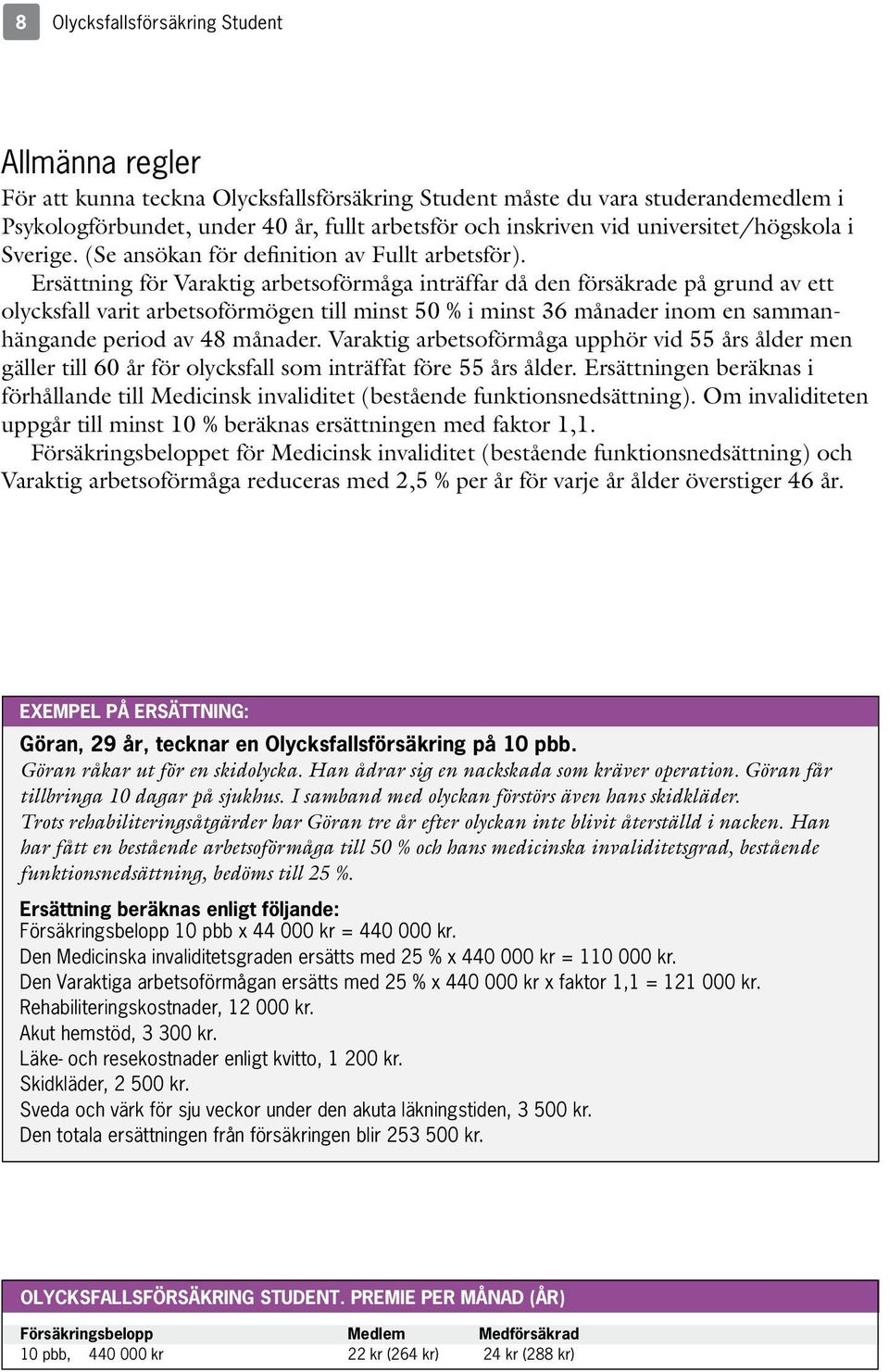 Ersättning för Varaktig arbetsoförmåga inträffar då den försäkrade på grund av ett olycksfall varit arbetsoförmögen till minst 50 % i minst 36 månader inom en sammanhängande period av 48 månader.