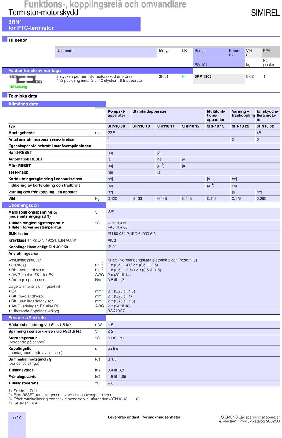 4) Se sidan 7/24. Standardapparater PG 101 Vikt ca 3RN1 } 3RP 1903 0,02 1 Förpackn. Kompaktapparater Multifunktionsapparater kg FPE Utförande för typ LK Best.