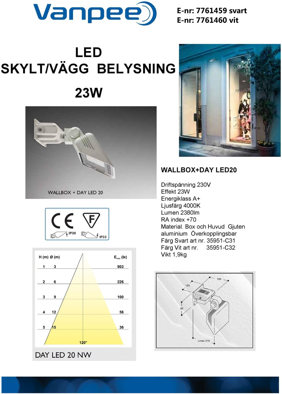 Energiklass A+ Ljusfärg 4000K Lumen 2380lm RA index +70 Material.