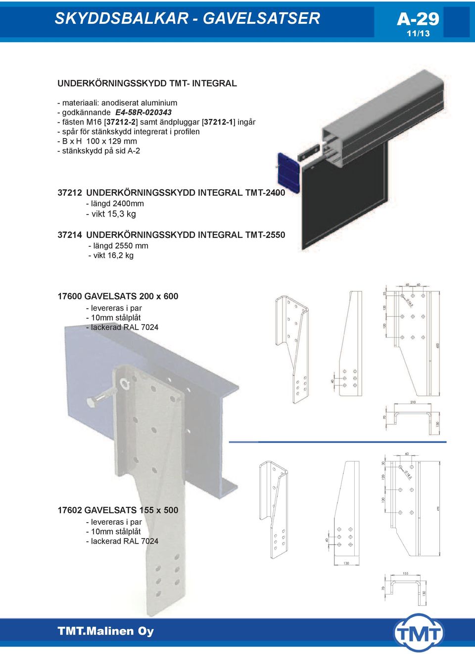 UNDERKÖRNINGSSKYDD INTEGRAL TMT-2400 - längd 2400mm - vikt 15,3 kg 37214 UNDERKÖRNINGSSKYDD INTEGRAL TMT-2550 - längd 2550 mm - vikt 16,2 kg