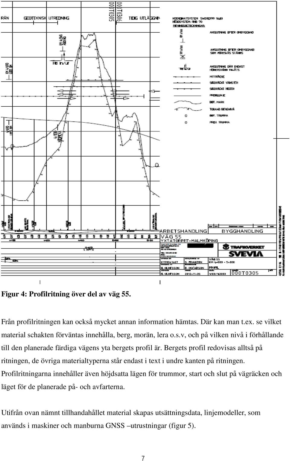 Bergets profil redovisas alltså på ritningen, de övriga materialtyperna står endast i text i undre kanten på ritningen.