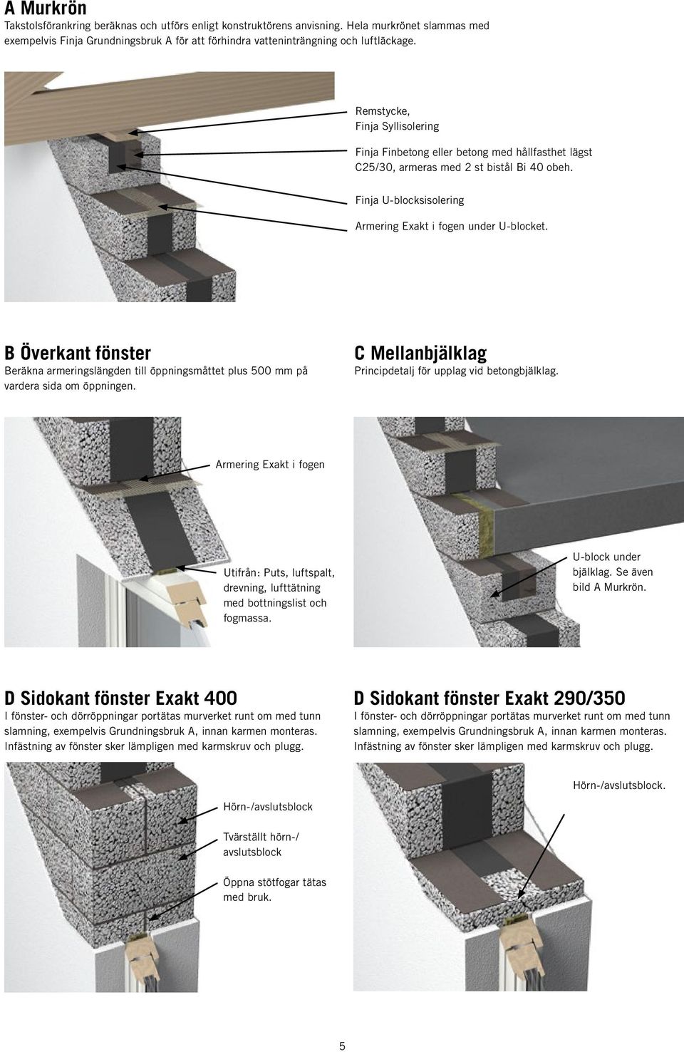 B Överkant fönster Beräkna armeringslängden till öppningsmåttet plus 500 mm på vardera sida om öppningen. C Mellanbjälklag Principdetalj för upplag vid betongbjälklag.