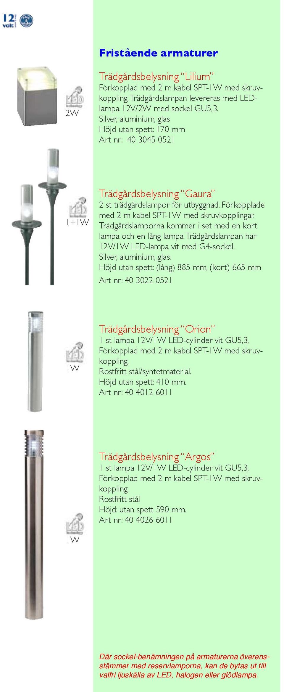 Trädgårdslamporna kommer i set med en kort lampa och en lång lampa. Trädgårdslampan har 12V/1W LED-lampa vit med G4-sockel. Silver, aluminium, glas.