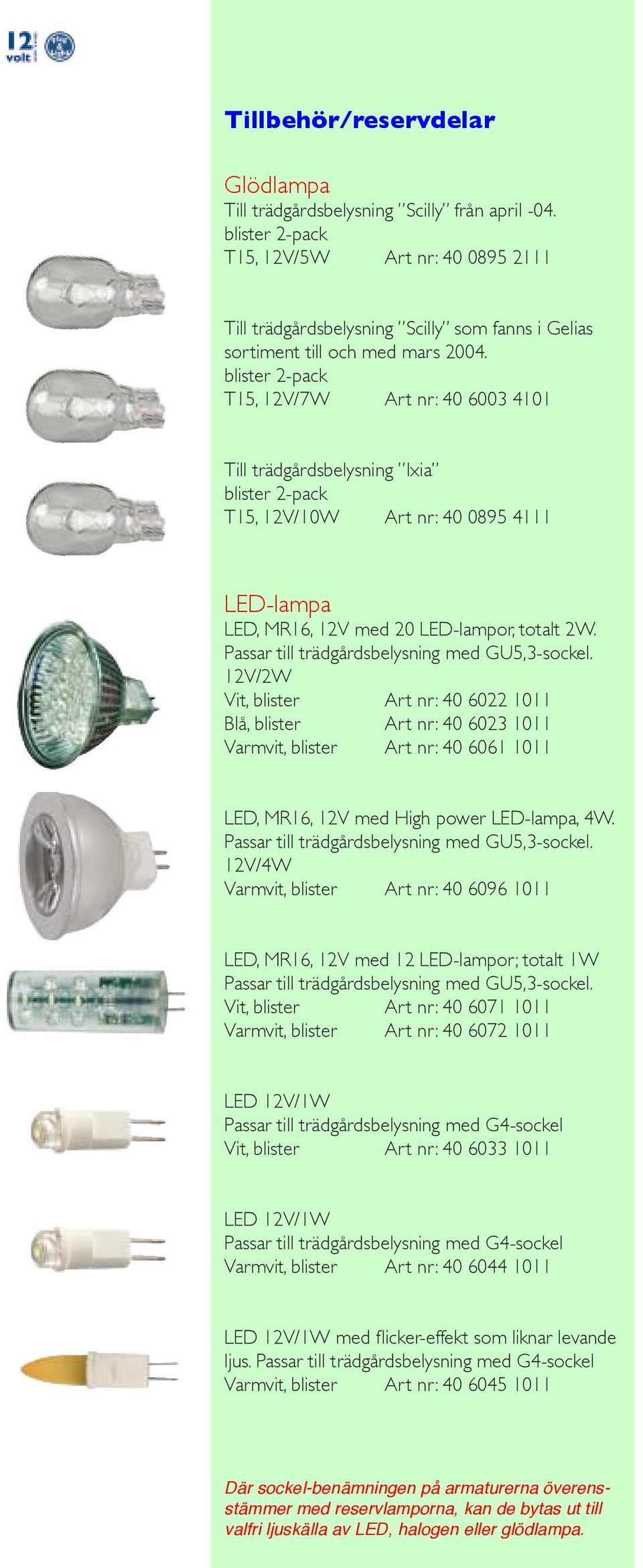 blister 2-pack T15, 12V/7W Art nr: 40 6003 4101 Till trädgårdsbelysning Ixia blister 2-pack T15, 12V/10W Art nr: 40 0895 4111 LED-lampa LED, MR16, 12V med 20 LED-lampor, totalt 2W.