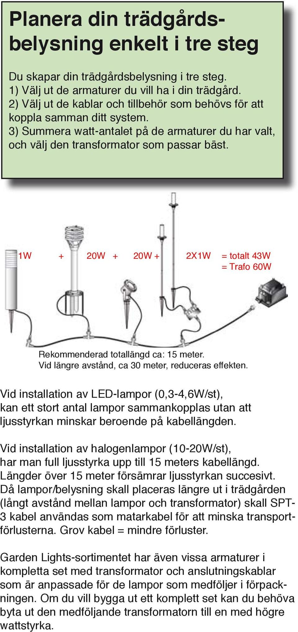 1W + 20W + 20W + 2X1W = totalt 43W = Trafo 60W Rekommenderad totallängd ca: 15 meter. Vid längre avstånd, ca 30 meter, reduceras effekten.