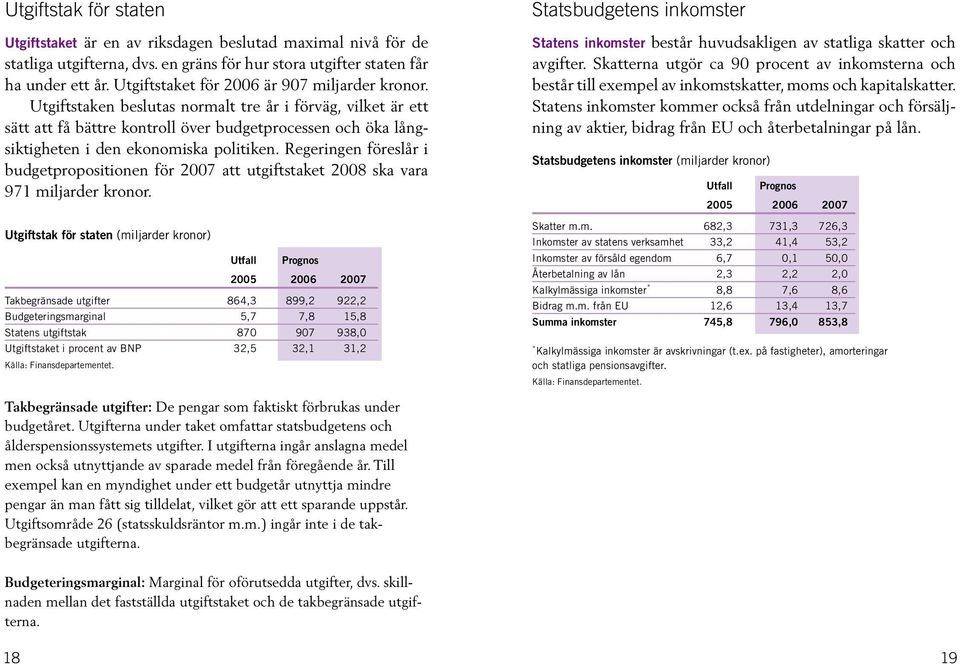 Utgiftstaken beslutas normalt tre år i förväg, vilket är ett sätt att få bättre kontroll över budgetprocessen och öka långsiktigheten i den ekonomiska politiken.