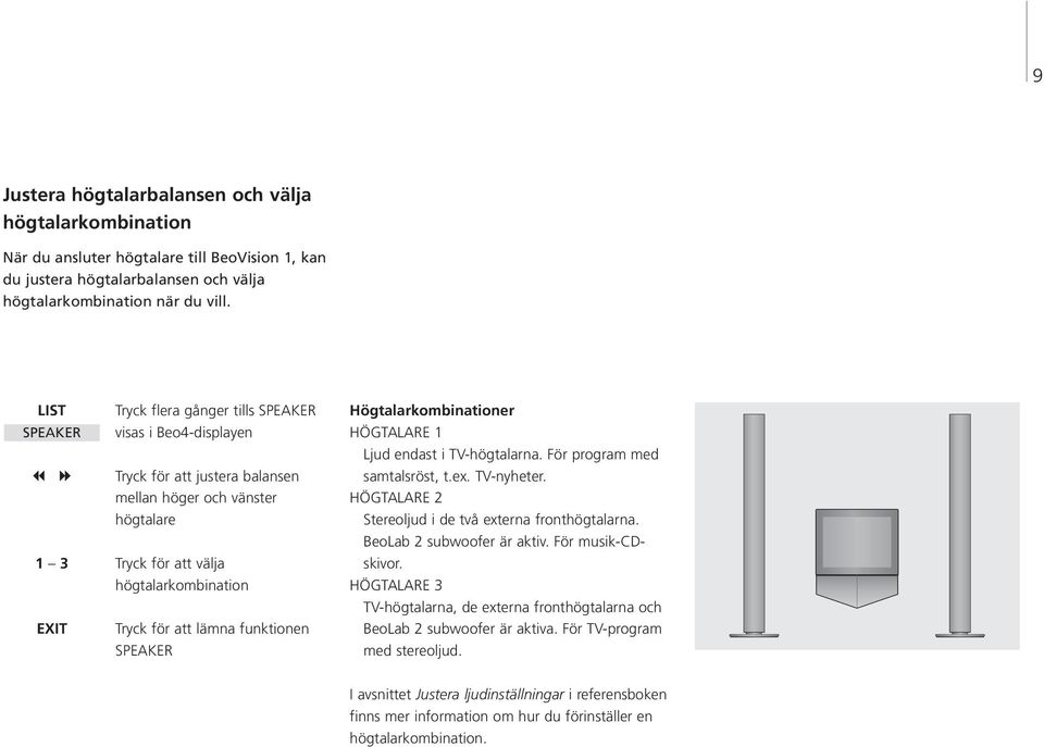 att lämna funktionen SPEAKER Högtalarkombinationer HÖGTALARE 1 Ljud endast i TV-högtalarna. För program med samtalsröst, t.ex. TV-nyheter. HÖGTALARE 2 Stereoljud i de två externa fronthögtalarna.