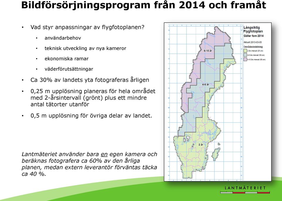 0,25 m upplösning planeras för hela området med 2-årsintervall (grönt) plus ett mindre antal tätorter utanför 0,5 m upplösning