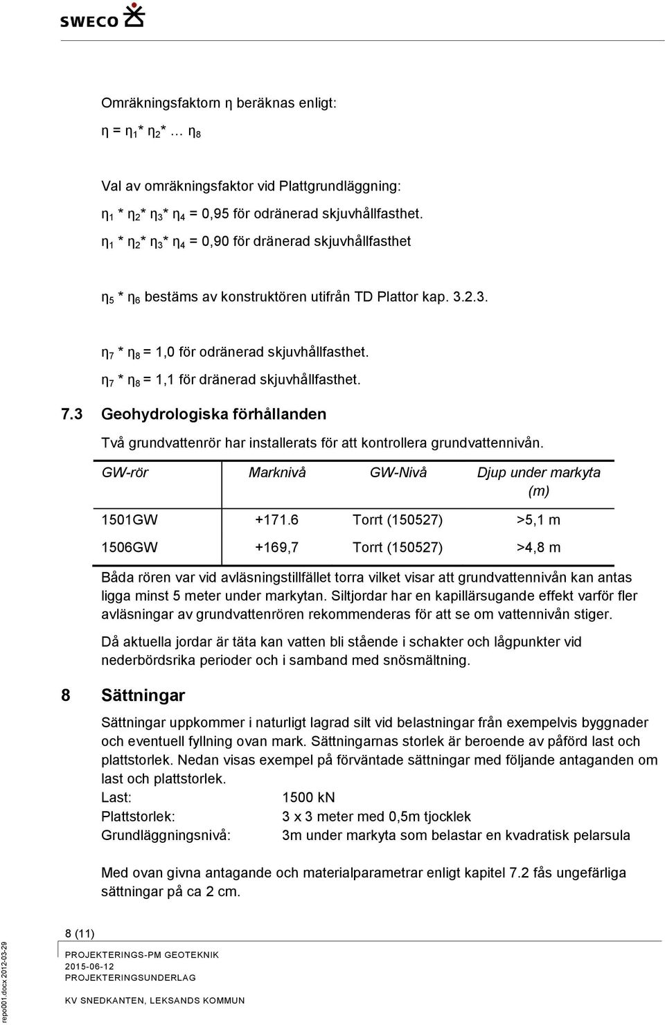 η 7 * η 8 = 1,1 för dränerad skjuvhållfasthet. 7.3 Geohydrologiska förhållanden Två grundvattenrör har installerats för att kontrollera grundvattennivån.