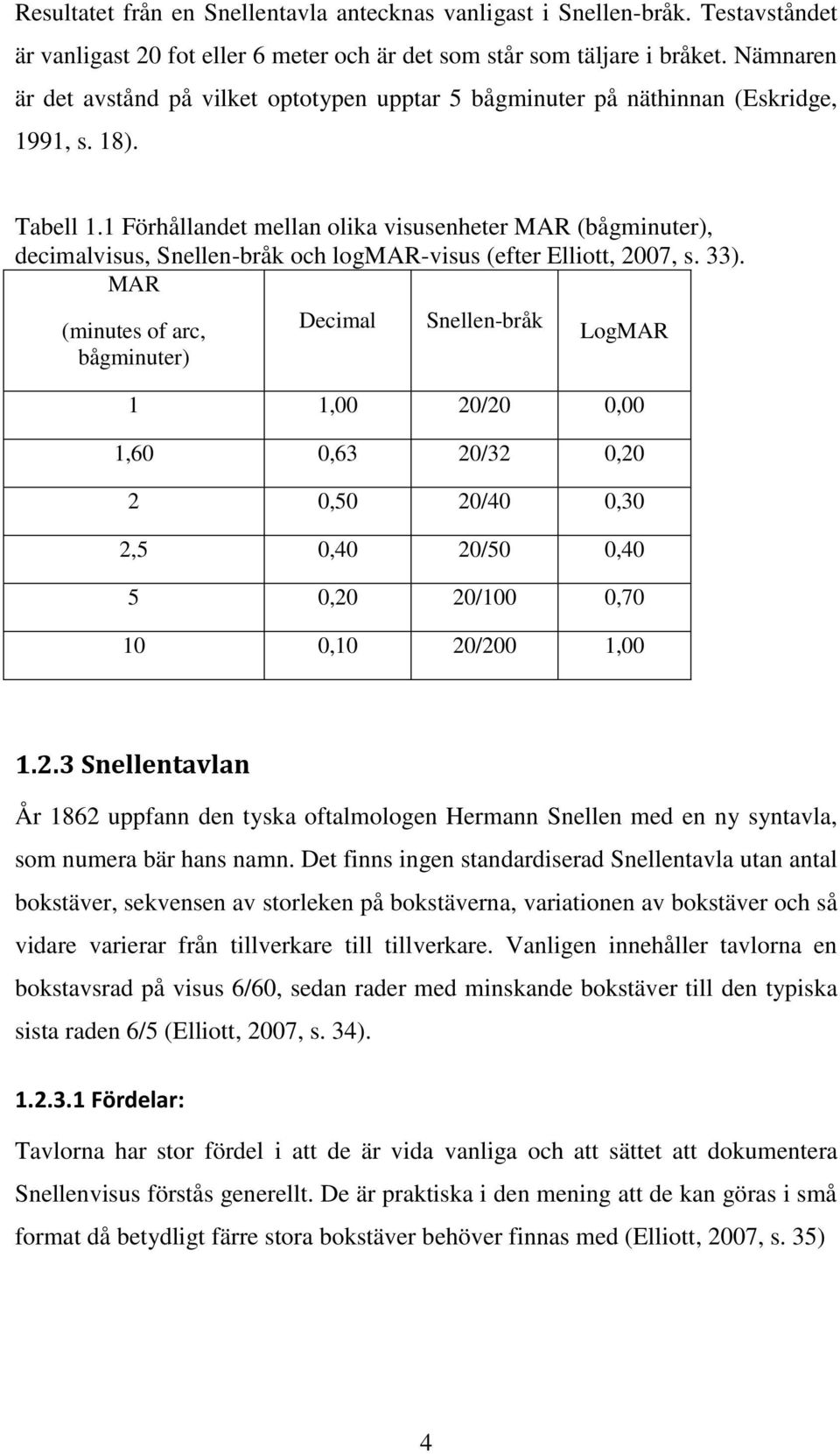 1 Förhållandet mellan olika visusenheter MAR (bågminuter), decimalvisus, Snellen-bråk och logmar-visus (efter Elliott, 2007, s. 33).