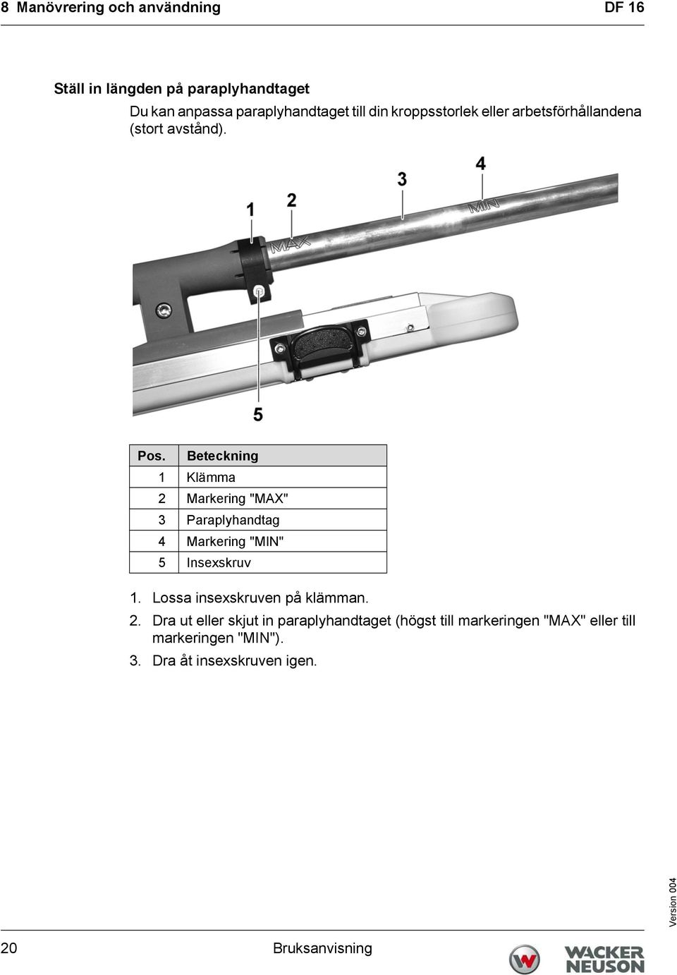 Beteckning 1 Klämma 2 Markering "MAX" 3 Paraplyhandtag 4 Markering "MIN" 5 Insexskruv 1.