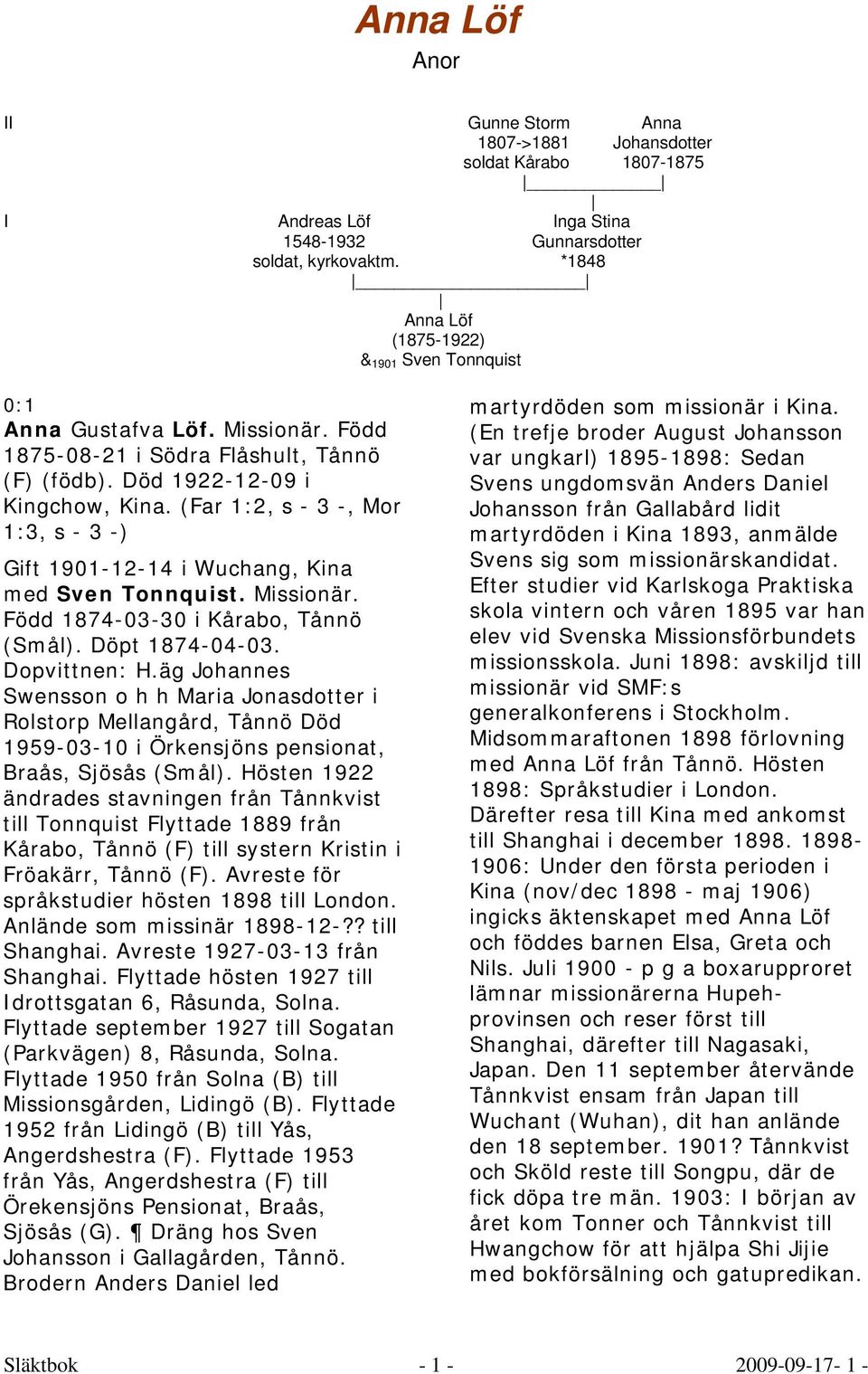 (Far 1:2, s - 3 -, Mor 1:3, s - 3 -) Gift 1901-12-14 i Wuchang, Kina med Sven Tonnquist. Missionär. Född 1874-03-30 i Kårabo, Tånnö (Smål). Döpt 1874-04-03. Dopvittnen: H.