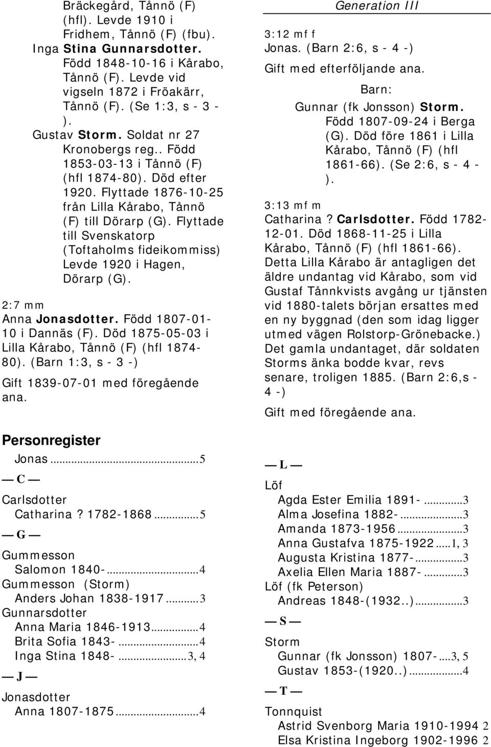 Flyttade till Svenskatorp (Toftaholms fideikommiss) Levde 1920 i Hagen, Dörarp (G). 2:7 mm Anna Jonasdotter. Född 1807-01- 10 i Dannäs (F). Död 1875-05-03 i Lilla Kårabo, Tånnö (F) (hfl 1874-80).