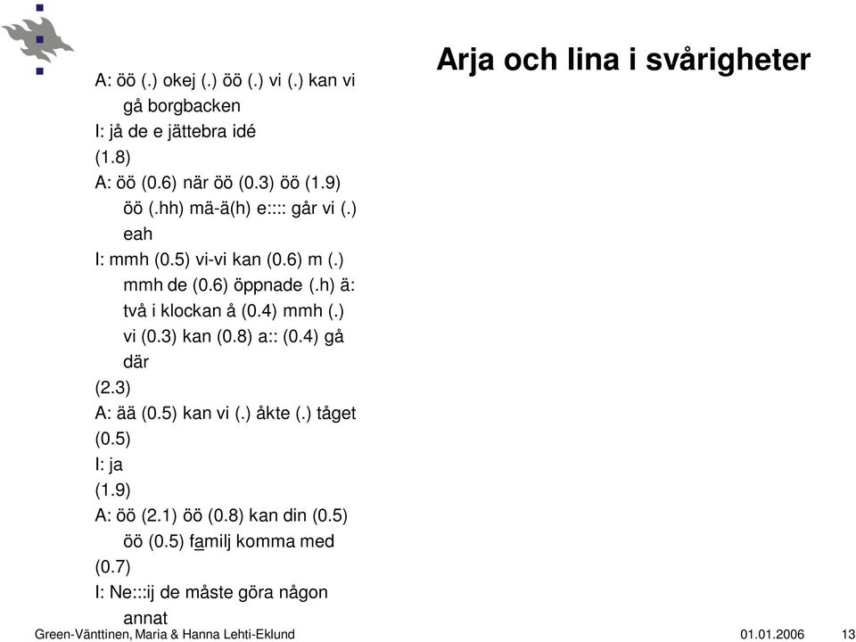 3) kan (0.8) a:: (0.4) gå där (2.3) A: ää (0.5) kan vi (.) åkte (.) tåget (0.5) I: ja (1.9) A: öö (2.1) öö (0.8) kan din (0.5) öö (0.