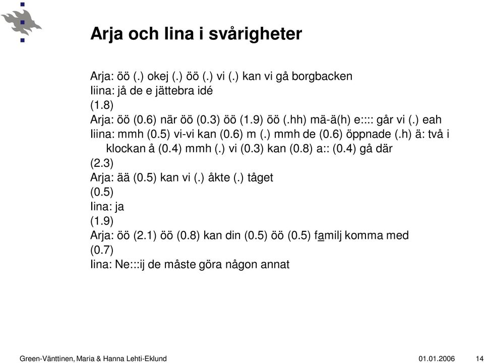 h) ä: två i klockan å (0.4) mmh (.) vi (0.3) kan (0.8) a:: (0.4) gå där (2.3) Arja: ää (0.5) kan vi (.) åkte (.) tåget (0.5) Iina: ja (1.