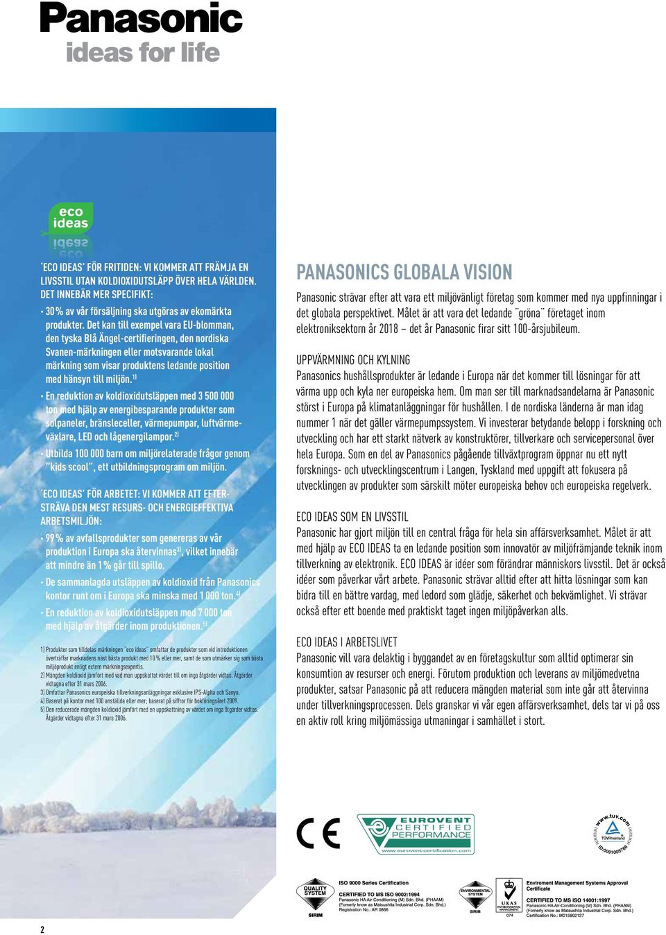 1) En reduktion av koldioxidutsläppen med 3 500 000 ton med hjälp av energibesparande produkter som solpaneler, bränsleceller, värmepumpar, luftvärmeväxlare, LED och lågenergilampor.