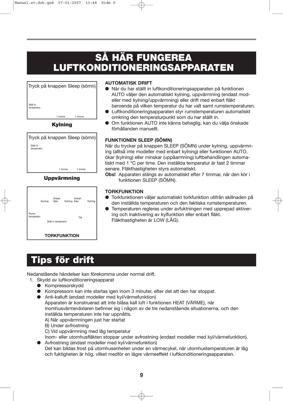 timme 1 timme Uppvärmning AUTOMATISK DRIFT När du har ställt in luftkonditioneringsapparaten på funktionen AUTO väljer den automatiskt kylning, uppvärmning (endast modeller med kylning/uppvärmning)