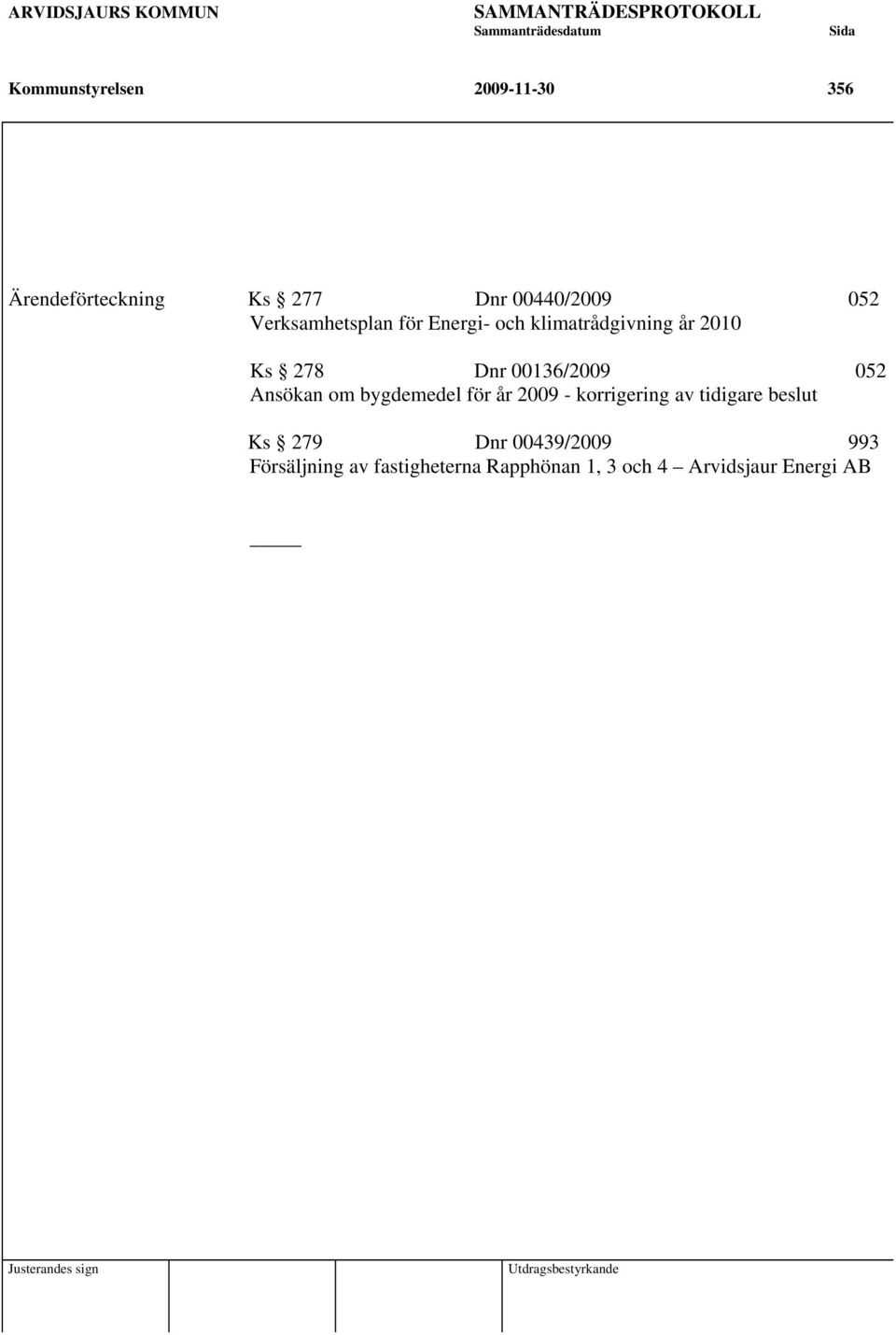 278 Dnr 00136/2009 052 Ansökan om bygdemedel för år 2009 - korrigering av tidigare beslut Ks 279 Dnr