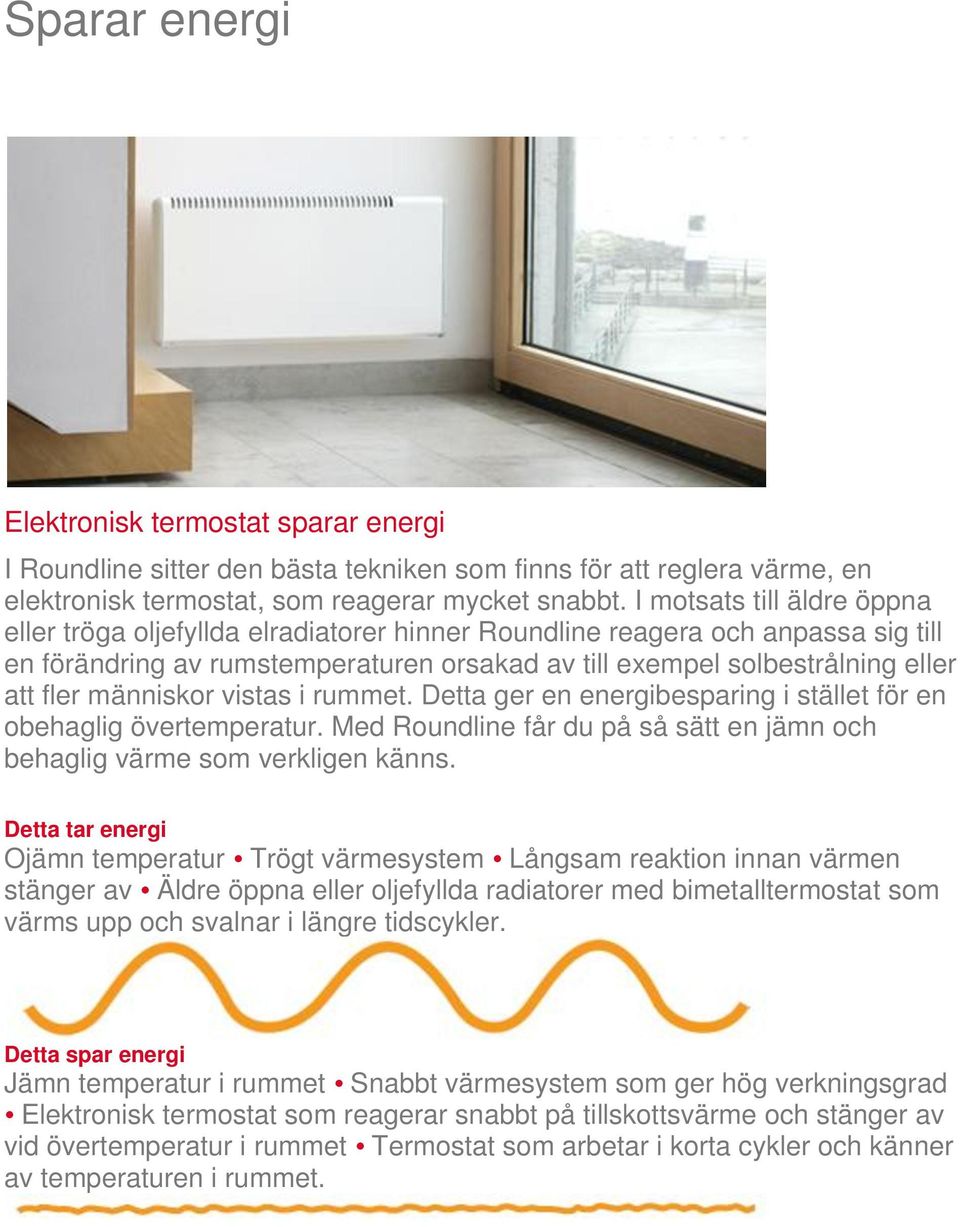 människor vistas i rummet. Detta ger en energibesparing i stället för en obehaglig övertemperatur. Med Roundline får du på så sätt en jämn och behaglig värme som verkligen känns.