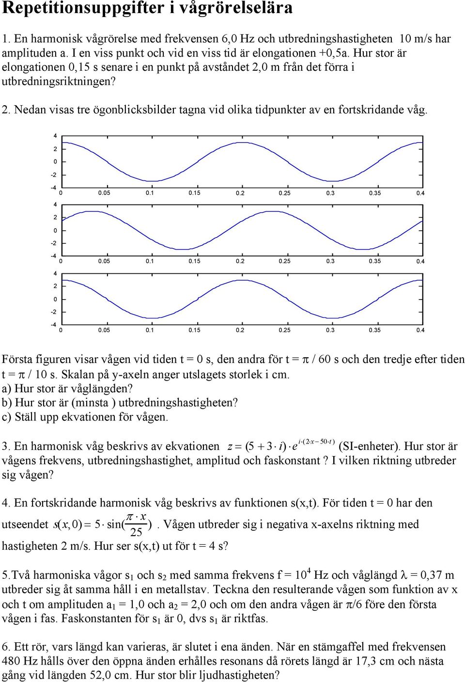 35..5.1.15..5.3.35..5.1.15..5.3.35. Första figuren visar vågen vid tiden t = s, den andra för t = π / 6 s och den tredje efter tiden t = π / 1 s. Skalan på y-axeln anger utslagets storlek i cm.