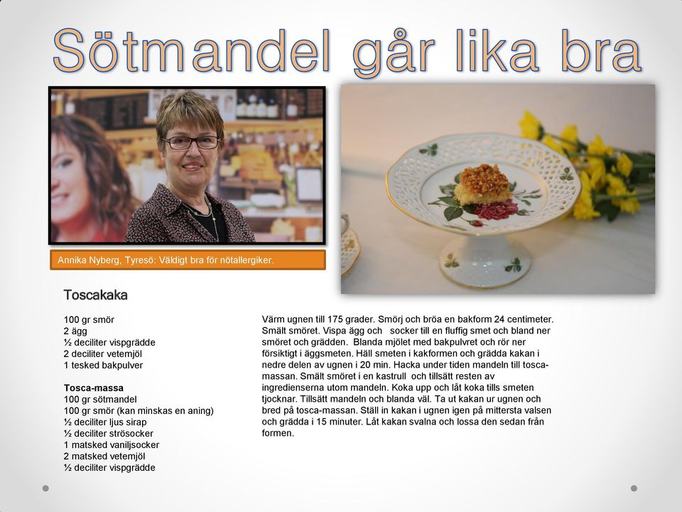 strösocker 1 matsked vaniljsocker 2 matsked vetemjöl ½ deciliter vispgrädde Värm ugnen till 175 grader. Smörj och bröa en bakform 24 centimeter. Smält smöret.