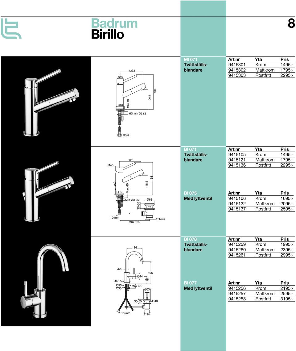 5 Ø63 BI 075 Med lyftventil 9415106 Krom 1695:- 9415122 Mattkrom 2095:- 9415137 Rostfritt 2595:- 10 mm Max 180 1"1/4G 136 BI 078 Tvättställsblandare 9415259 Krom